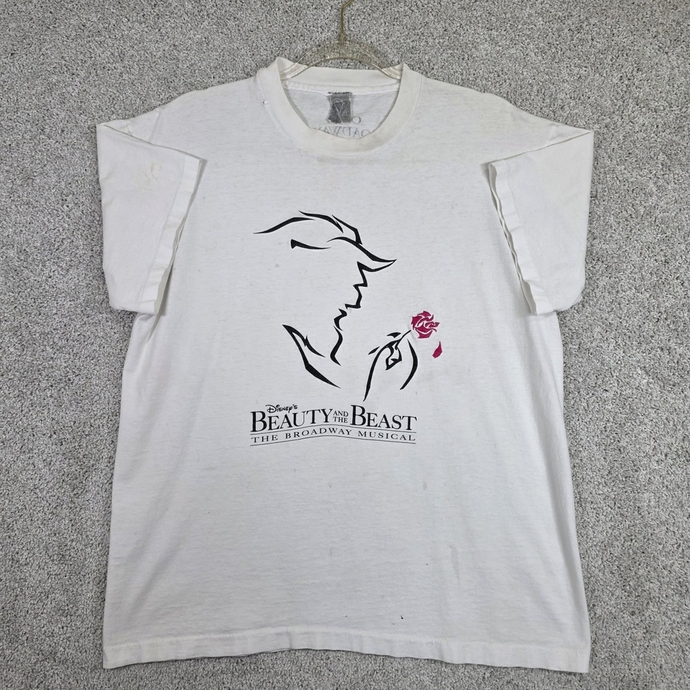 Vintage Beauty-and-the-Beast Broadway Musical Tee Size L‎ White Embroidered Rose
